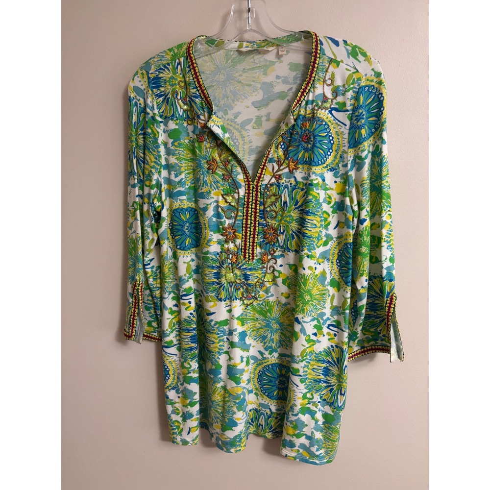 Soft Surroundings Embroidered Medallion Tunic Top Green Blue Beaded Floral Small